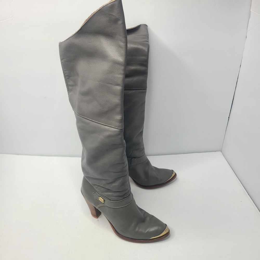 Vtg Dingo Grey Leather Cuff Wooden Stacked Heel Boho Womens 7.5‎ Boots Mid Calf